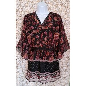 Only Necessities Top L Dark Floral Print Sheer Overlay Waist Defying Boho Fairy